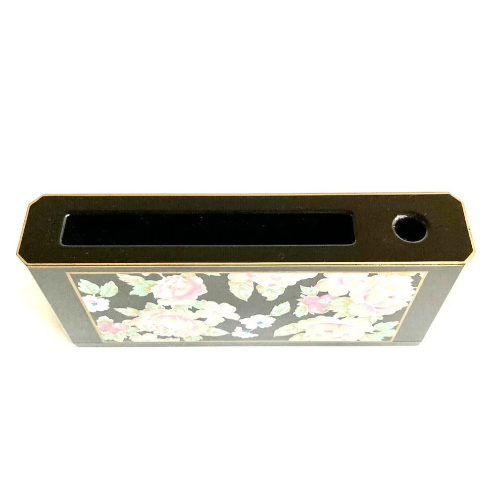Vintage Otagiri Black Lacquer Peony Flower Pen Pencil Paper Holder Desk Set